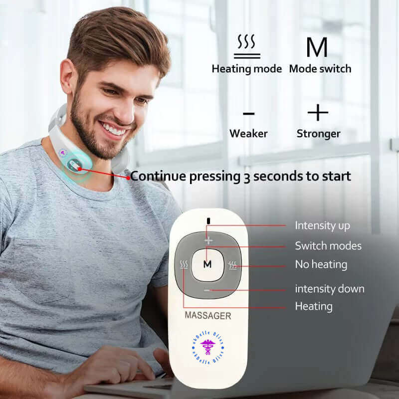 Man using okBelle Bliss Neck Massager, highlighting easy controls for heating, mode switch, and intensity adjustment.