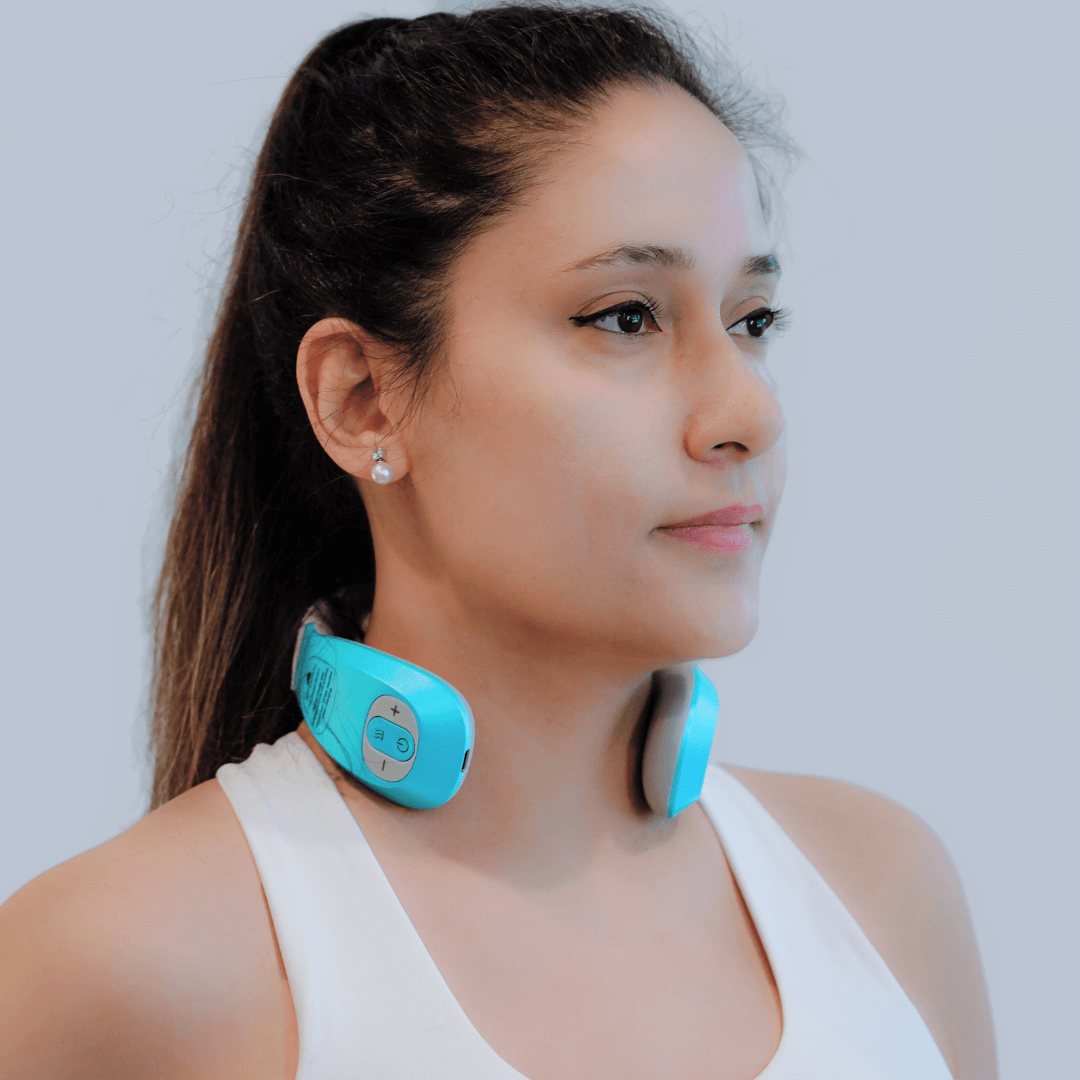 woman using okBelle Bliss neck massager in blue color