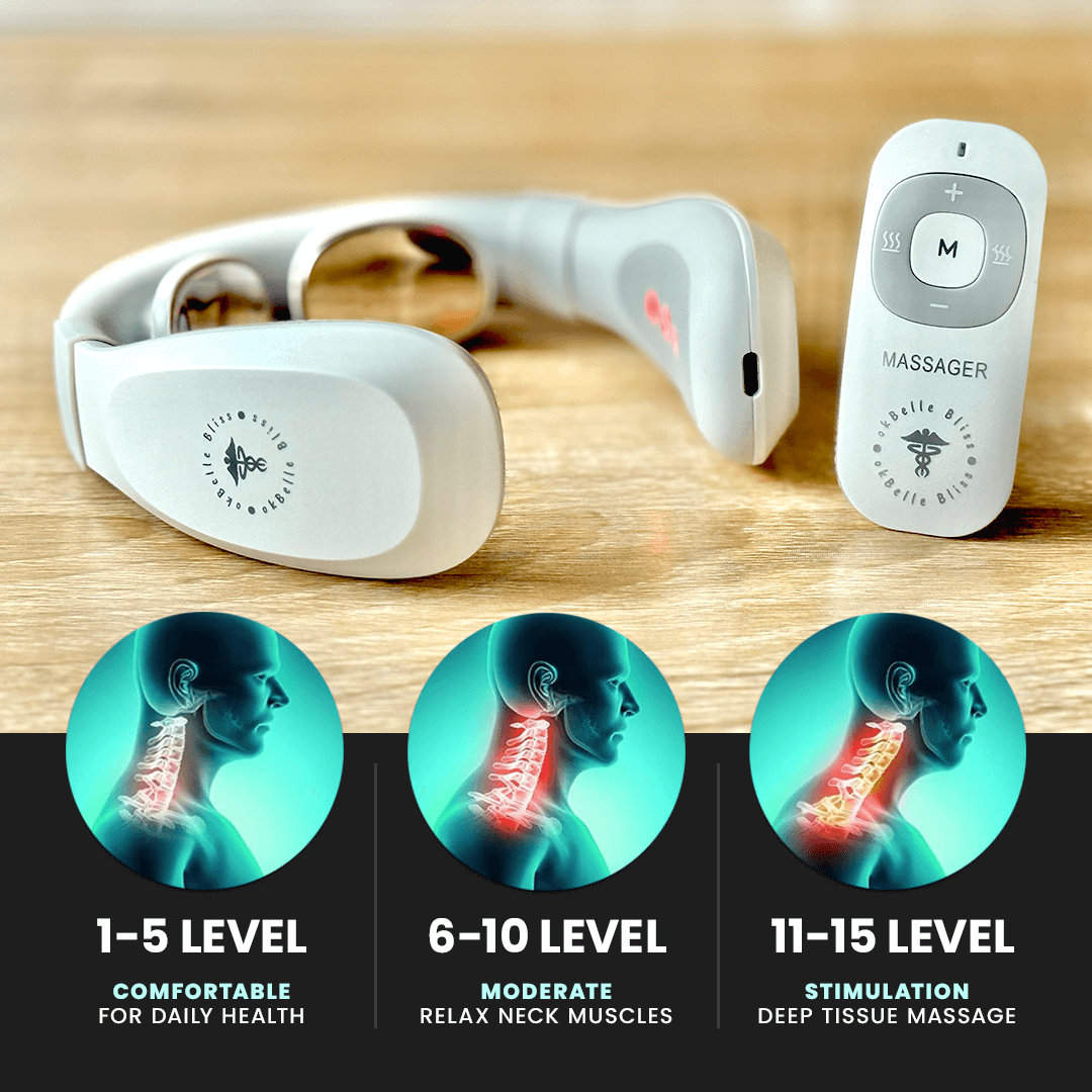 okBelle Bliss Neck Massager with adjustable levels for neck pain relief and relaxation