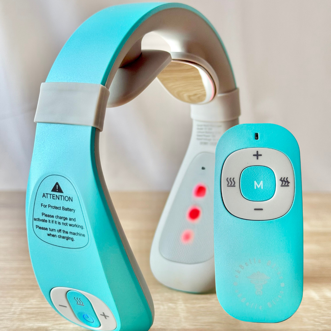 okBelle Bliss Neck Massager in blue with remote control for neck pain relief and stress reduction.