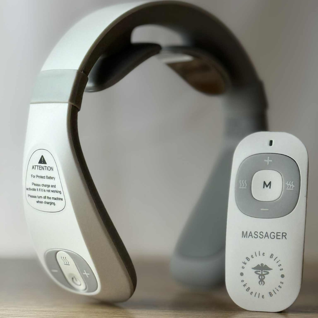okBelle Bliss Neck Massager with remote control for quick neck pain relief in 15 minutes.